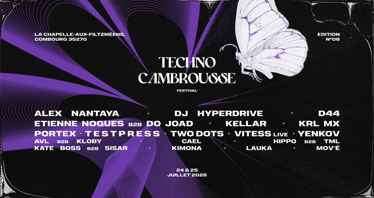 Affiche de la 6ᵉ édition de Techno Cambrousse, 24 et 25 juillet 2026